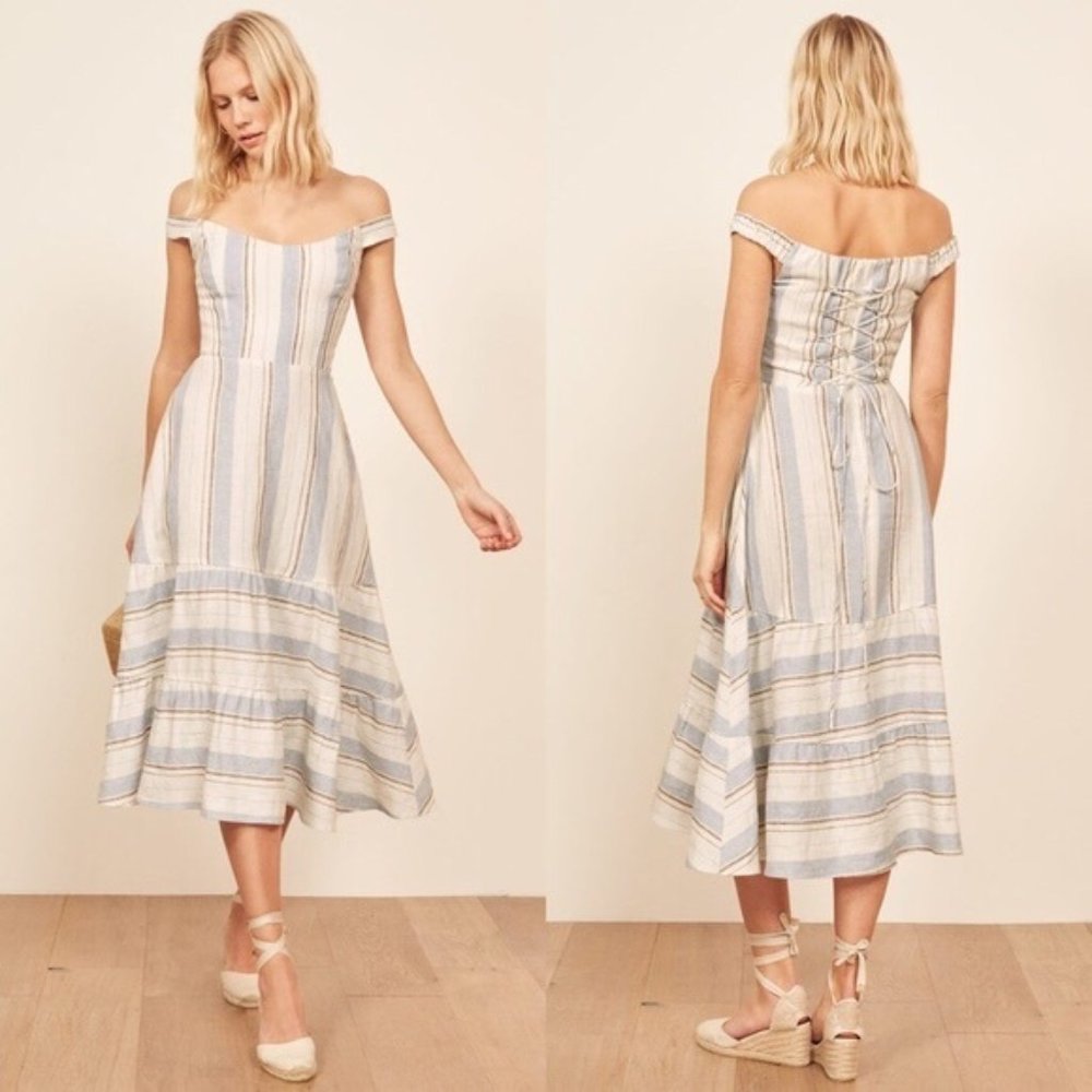 Reformation Kate Dress in Napoli (blue and white striped linen)